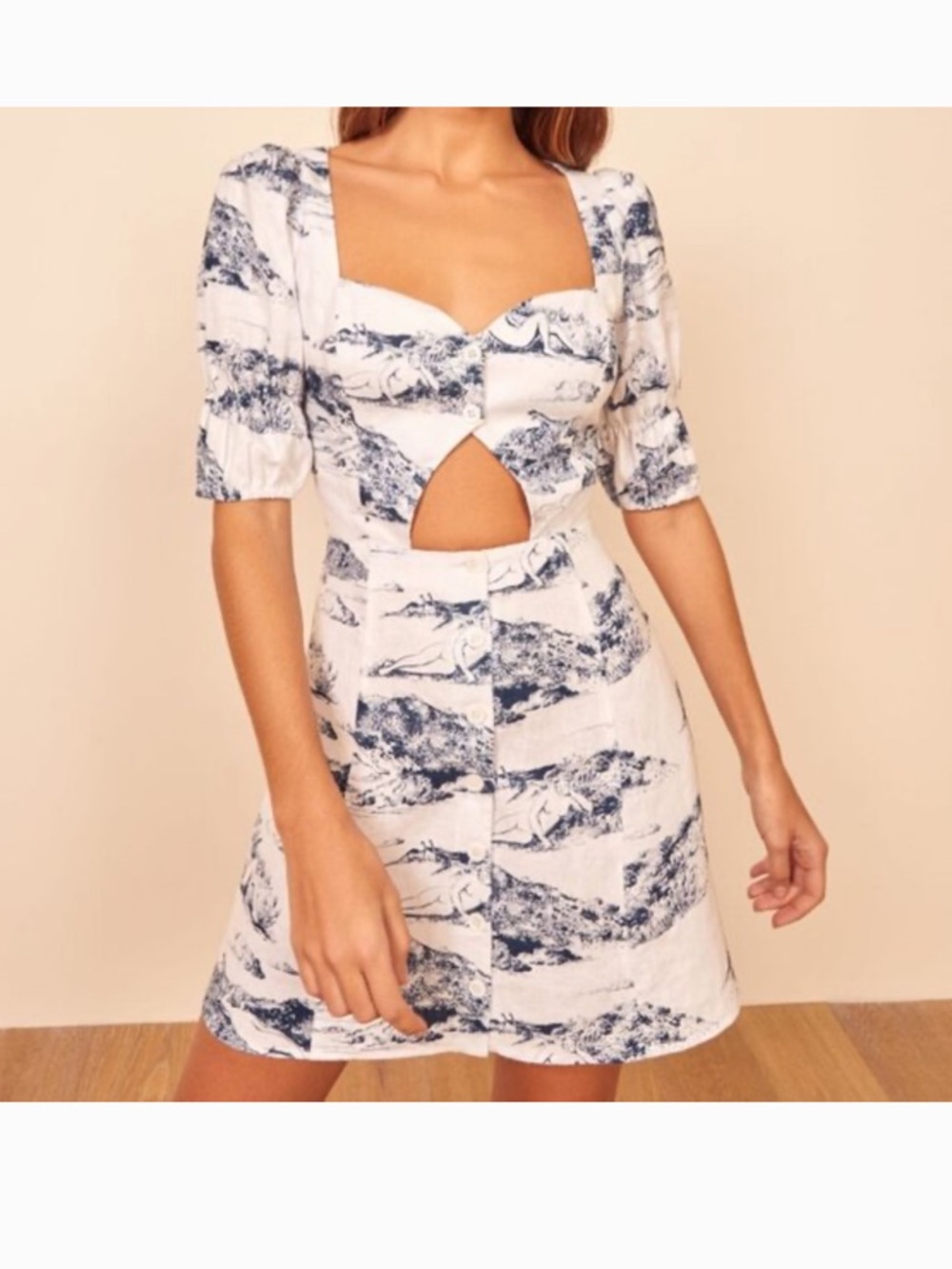 Reformation Toile Linen Cutout Mini Dress size 2 Cottagecore Coastal French Girl